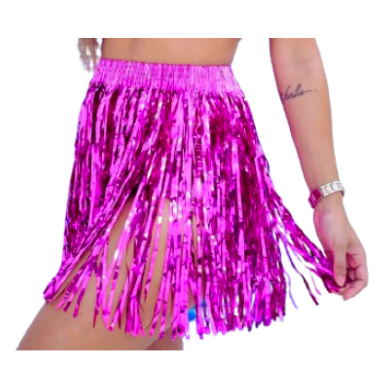 Saia Fitilho Franja Metalizada Fantasia Carnaval Rosa