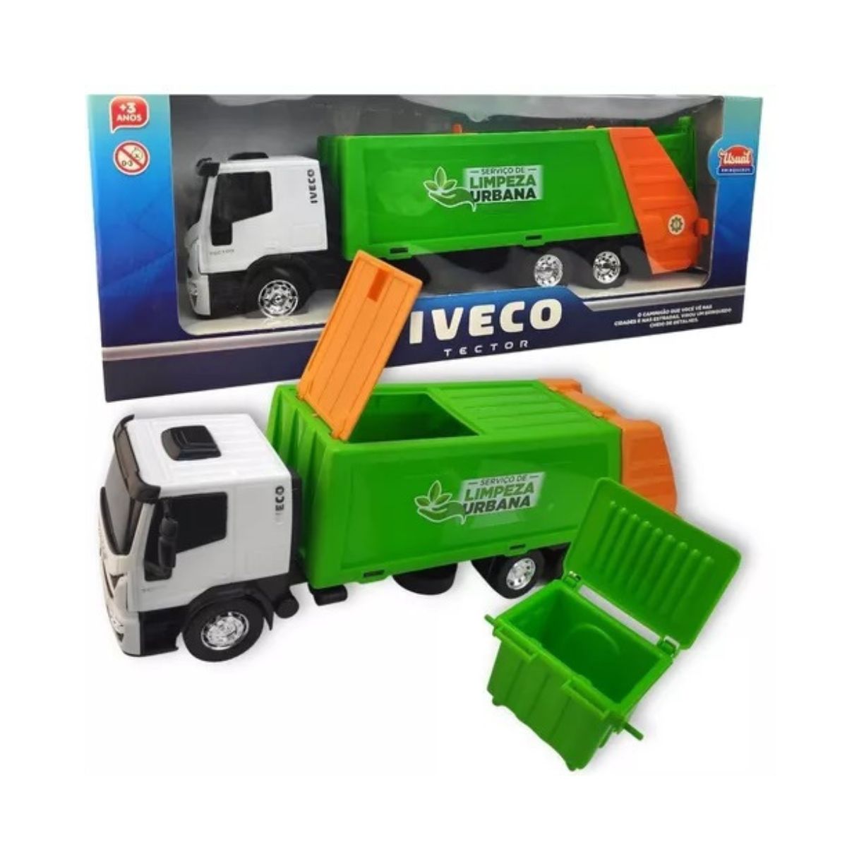 Brinquedo Caminhão Iveco Coletor Limpeza Urbana Verde / Laranja - Usual