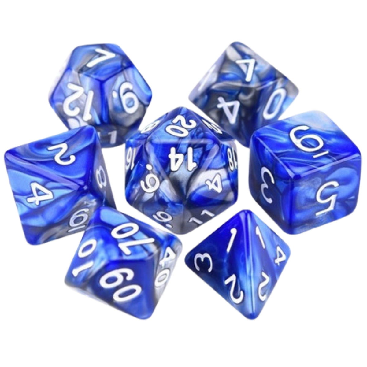 Conjunto de Dados para Rpg Azul com Cinza com N° Branco