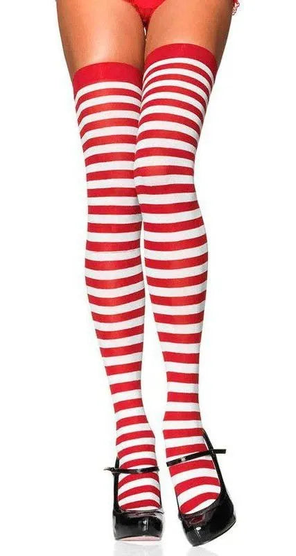 Meia Calça 5/8 Fantasia Cosplay Listrada Vermelho E Branco