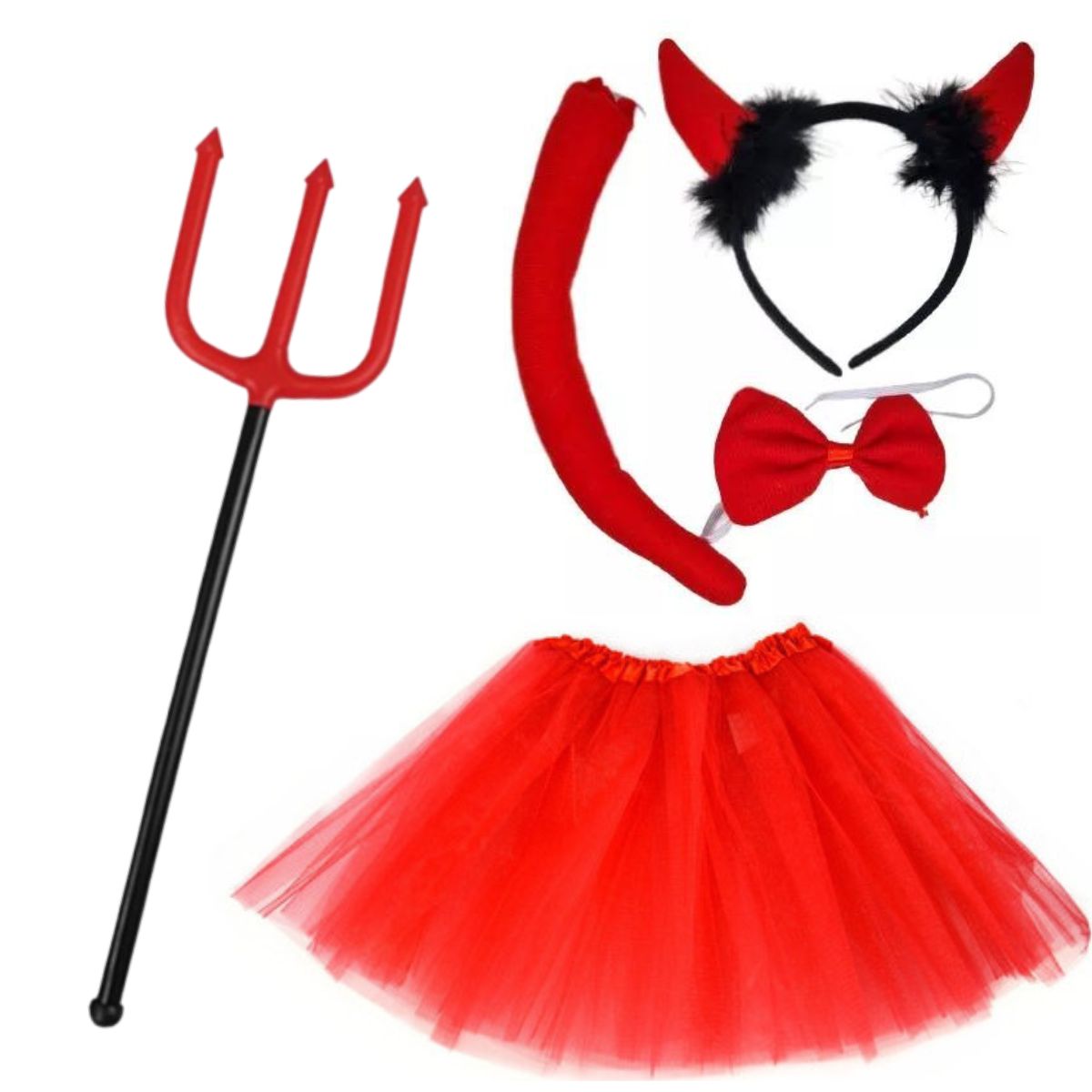 Kit Fantasia Diabinho Completo Acessórios Festa Carnaval Cosplay Halloween + Tridente + Saia