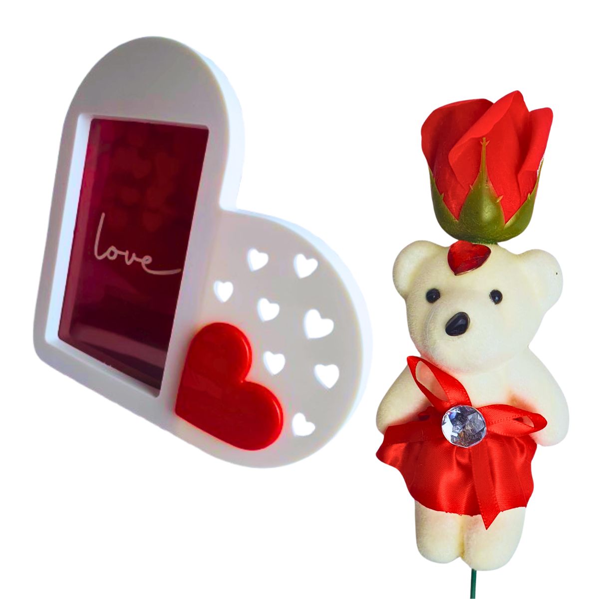 Kit Porta Retrato Coração Branco Amor Love + Botão Rosa Artificial C/Ursinho