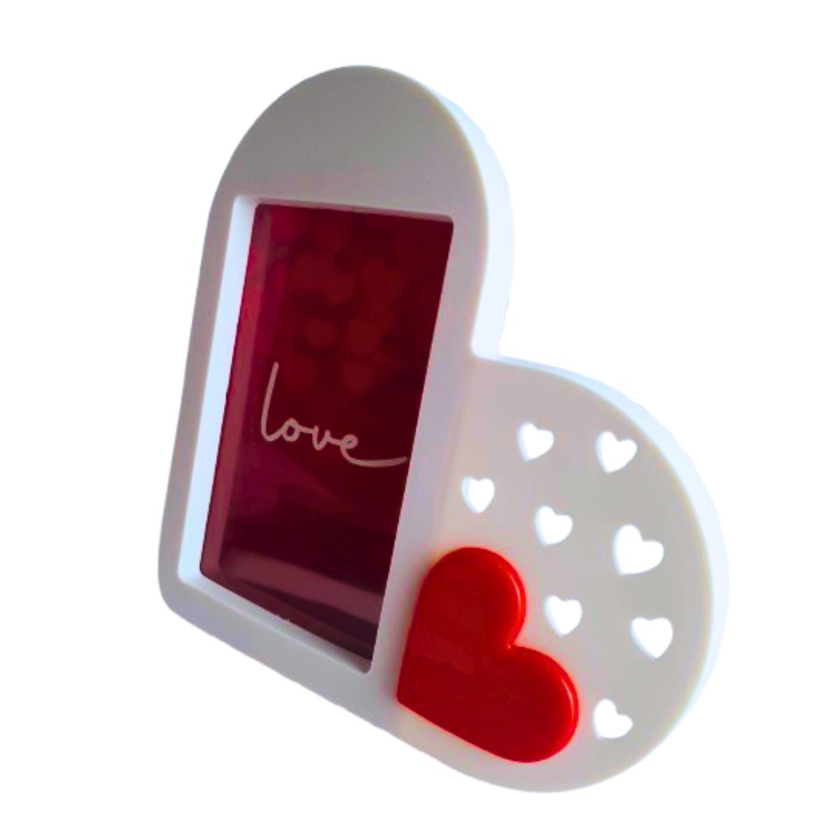 Kit Porta Retrato Coração Branco Amor Love + Buquê com 24 Botões de Rosas Artificial C/ Tag