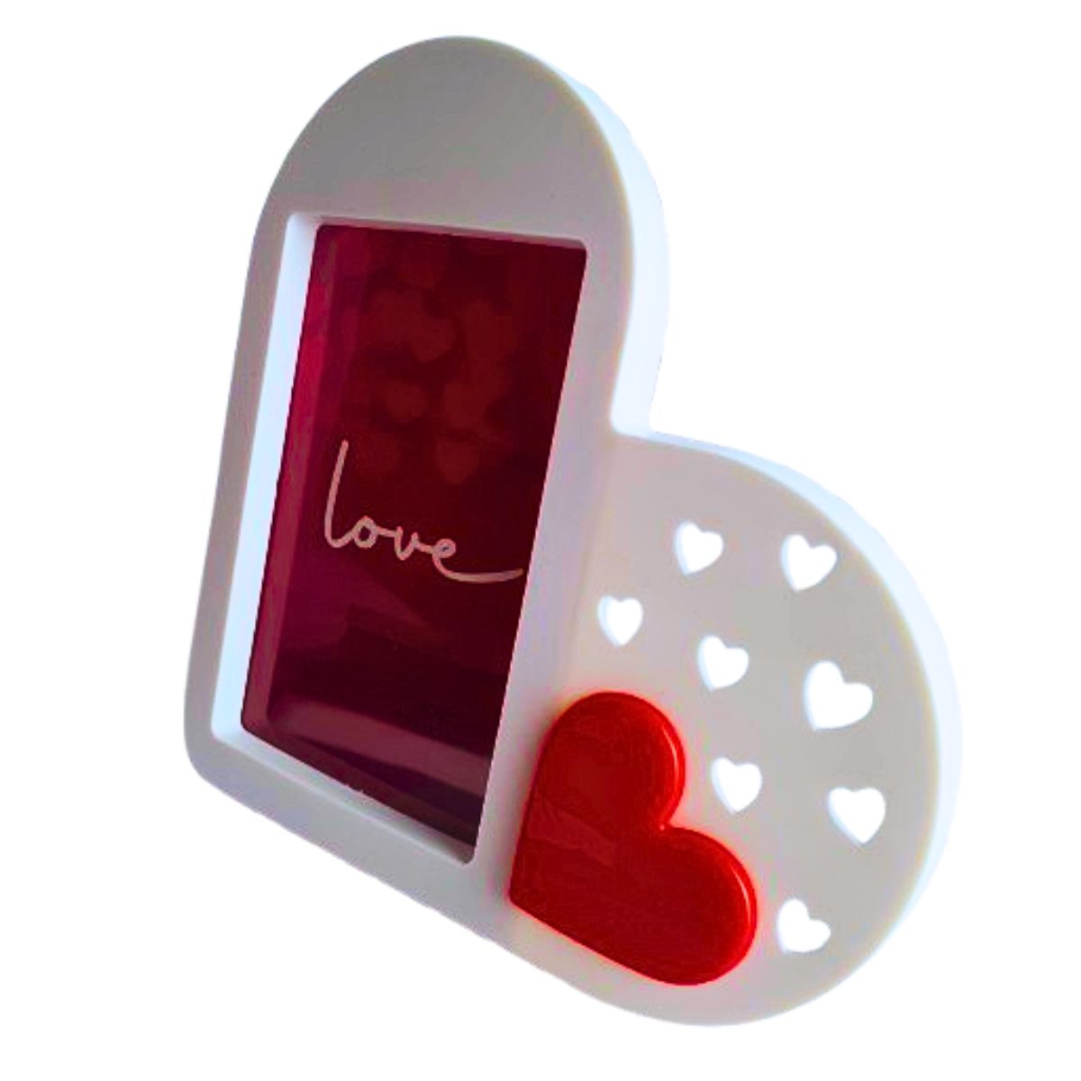 Kit Porta Retrato Coração Branco Amor Love + Buquê com 12 Botões de Rosas Artificial C/ Tag