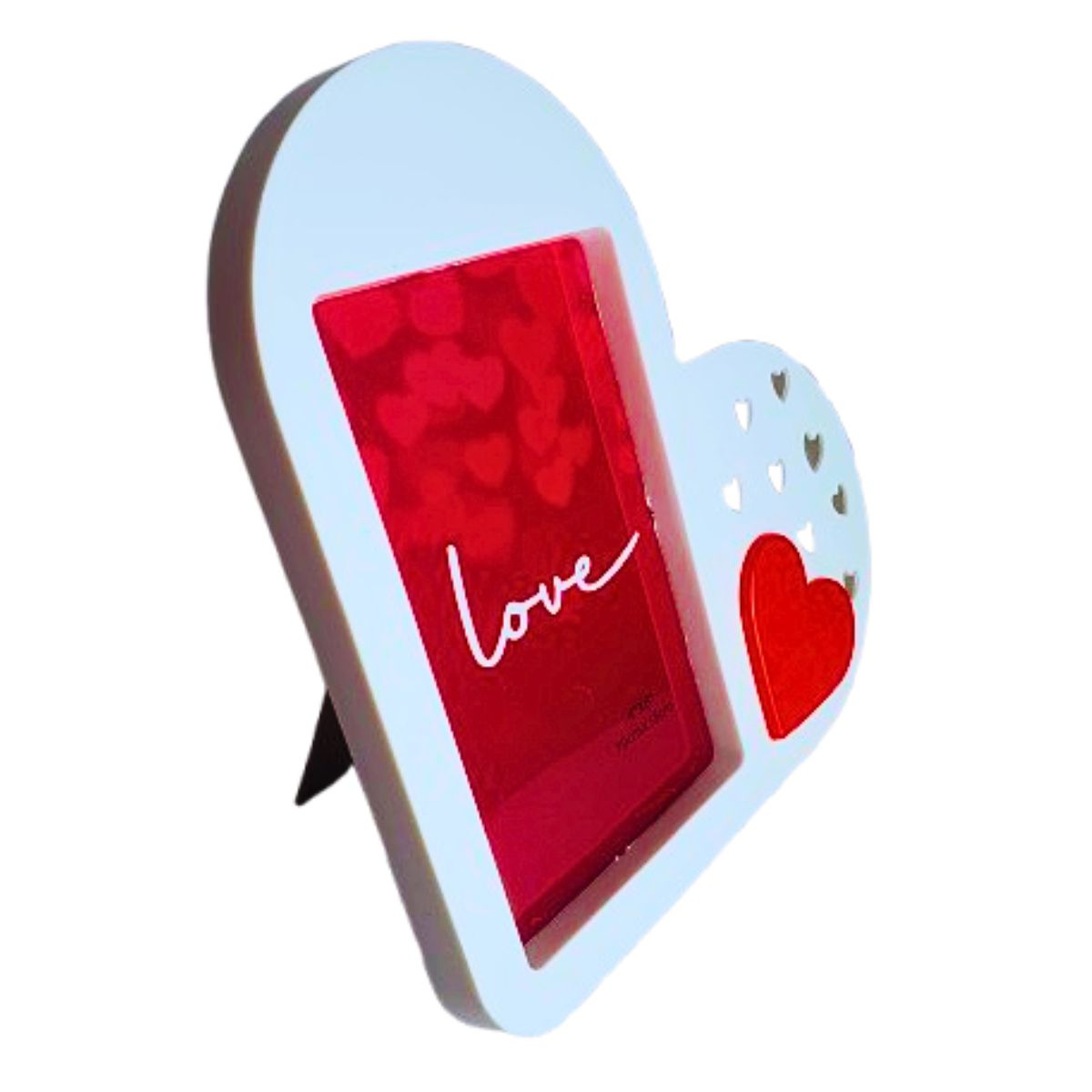 Kit Porta Retrato Coração Branco Amor Love + 5 Botões de Rosas Artificiais Embalado Celofane C/ Tag