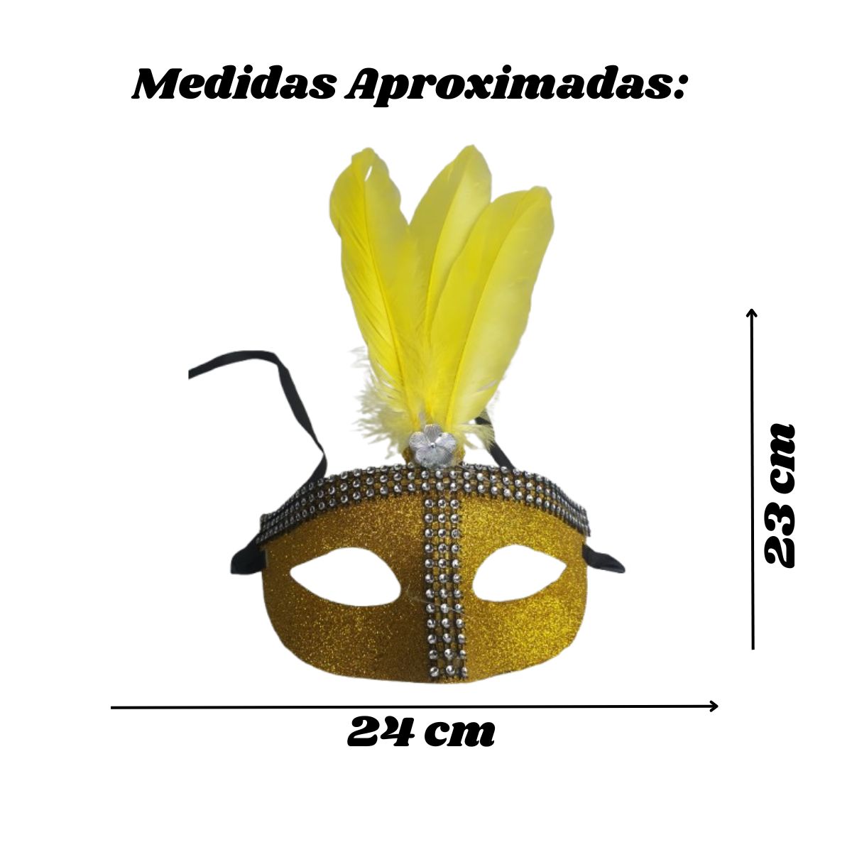 Kit Fantasia Máscara Pena Glitter E Saia Metalizada Dourado