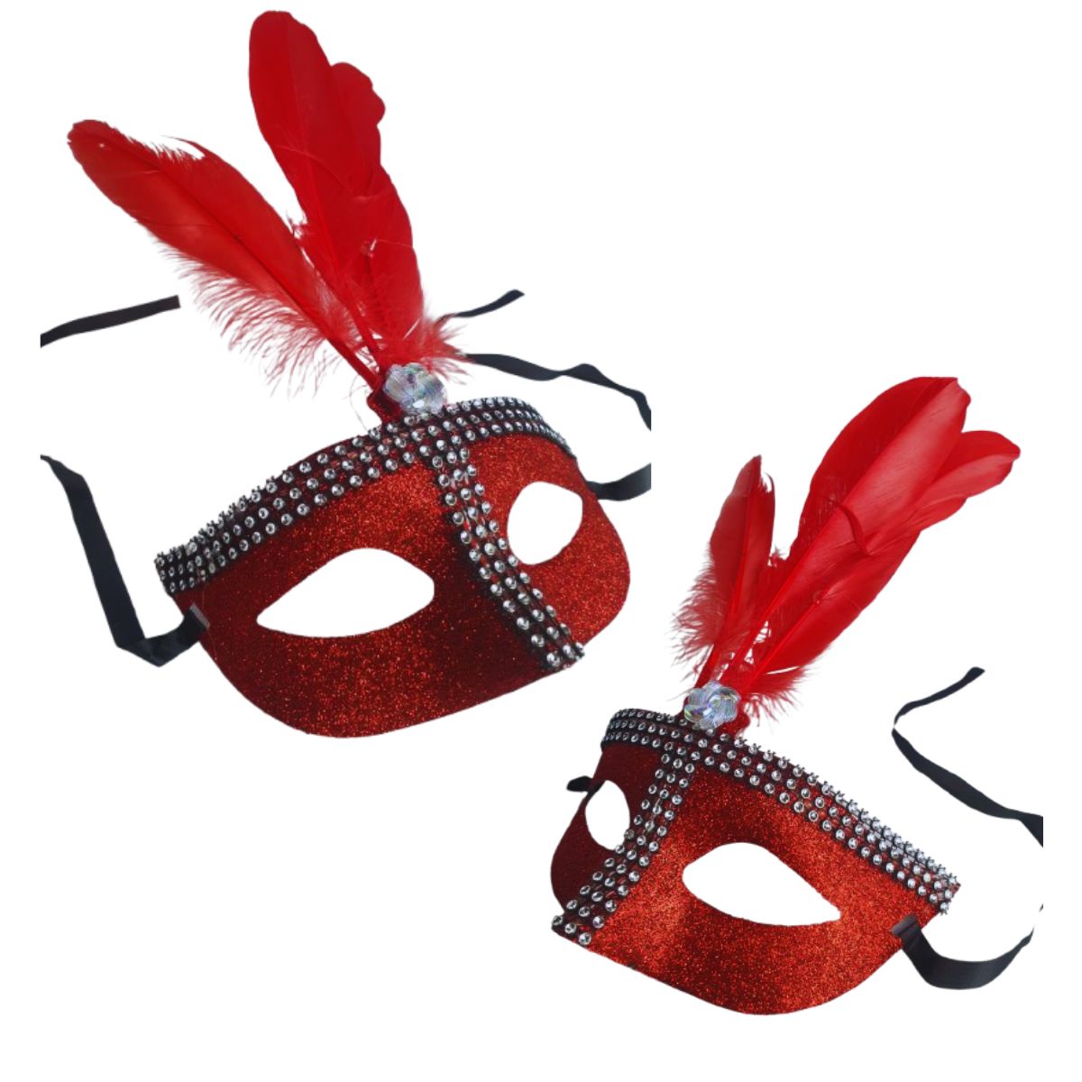 Kit Fantasia Máscara Pena Glitter E Saia Metalizada Vermelho