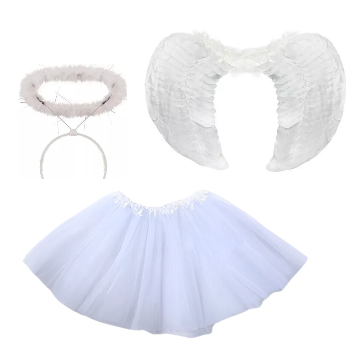 Kit Fantasia Anjo Branco Completo Festa Cosplay Carnaval Halloween Tiara Auréola / Asa/ Saia