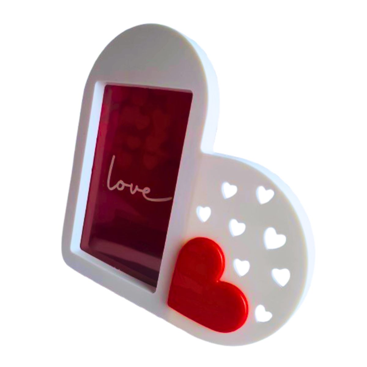 Kit Porta Retrato Coração Branco Amor Love + 5 Botões de Rosas Artificiais Embalado Celofane C/ Tag