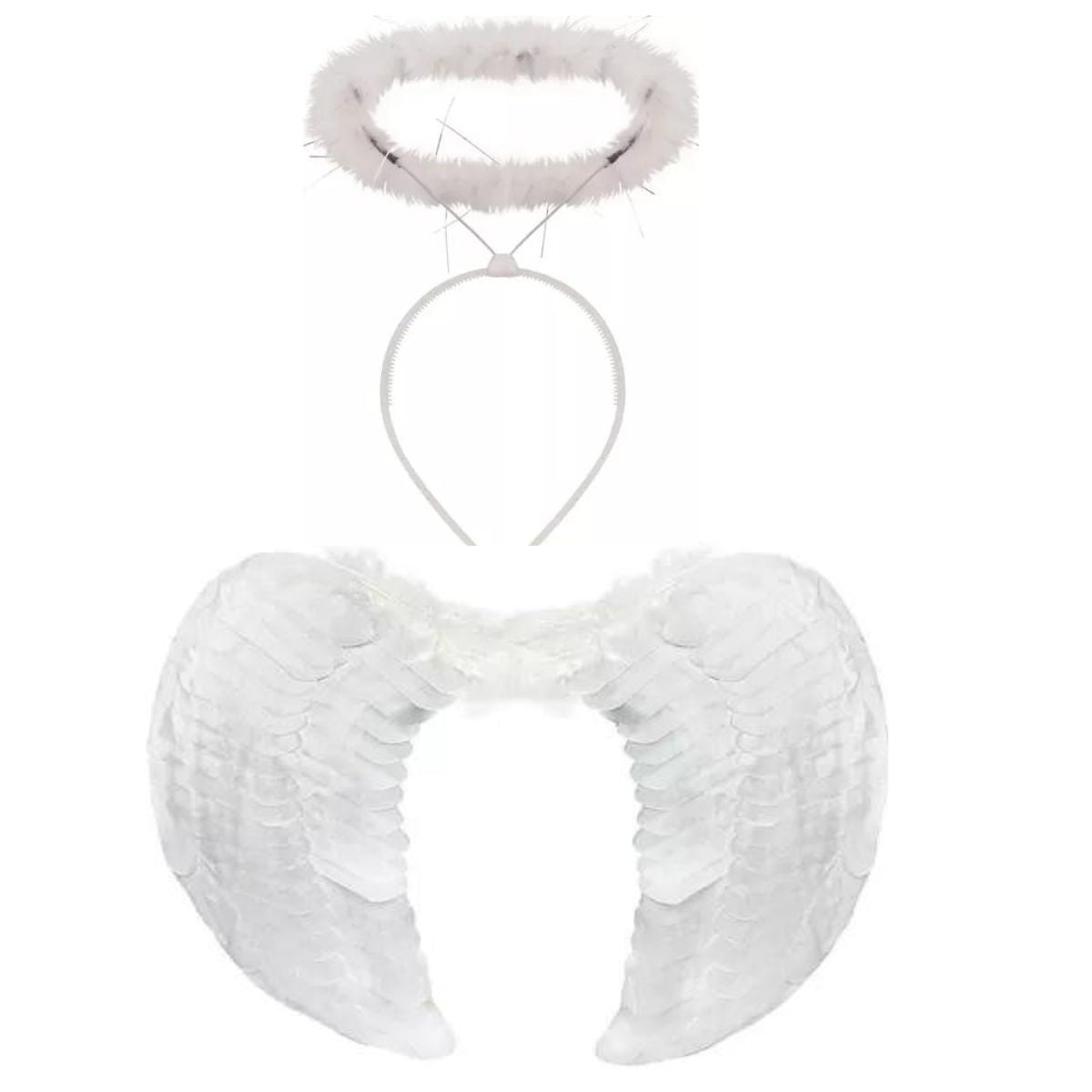 Kit Fantasia Anjo Branco Festa Cosplay Carnaval Halloween Tiara Auréola / Asa