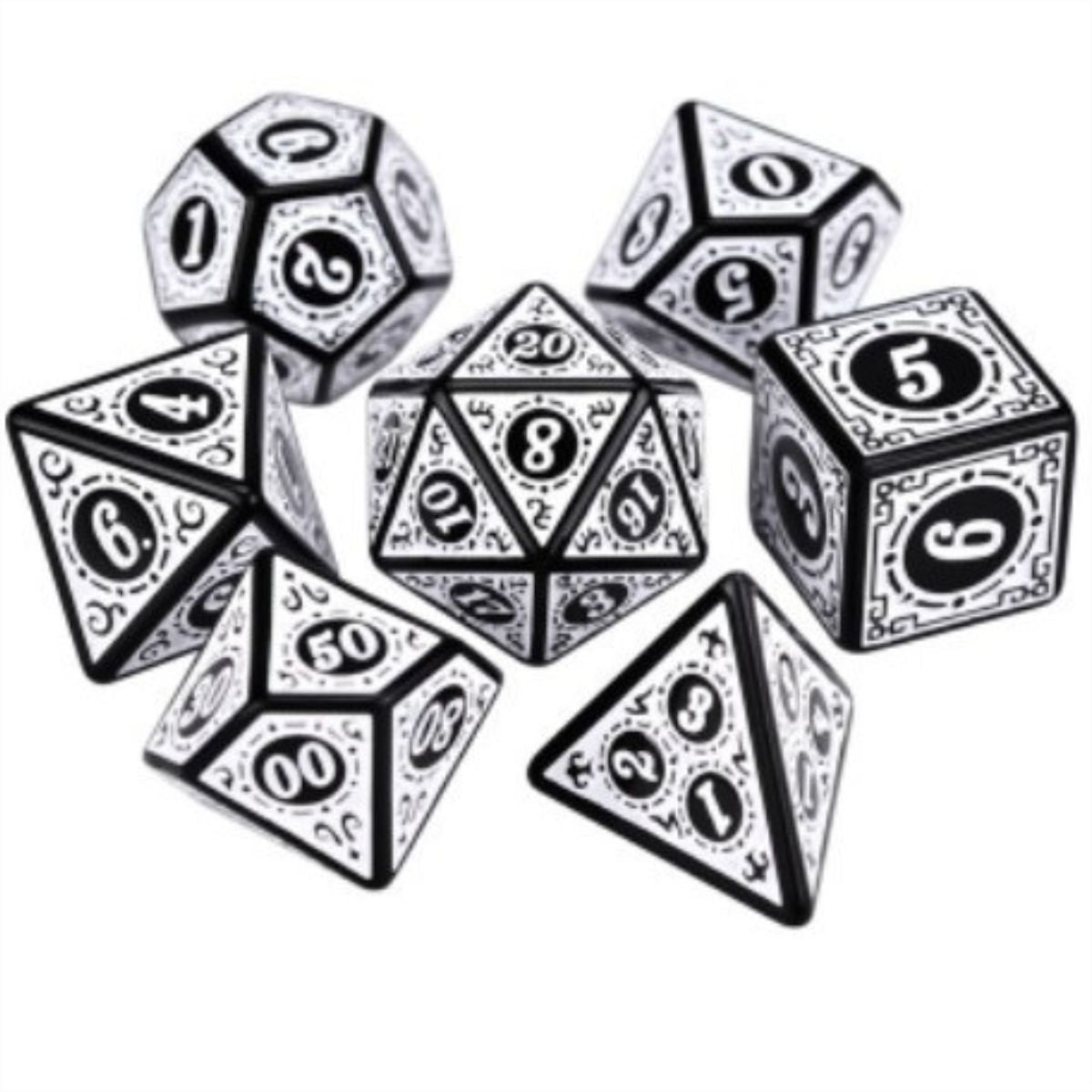 Dados Rpg Conjunto Com Sete - Runas Preta C/n° Branco