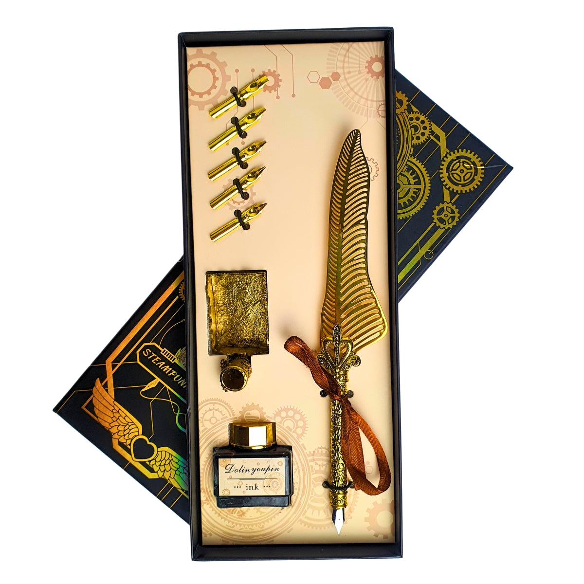 Kit Caneta Tinteiro com Pena de Metal Dourada - Modelo 2