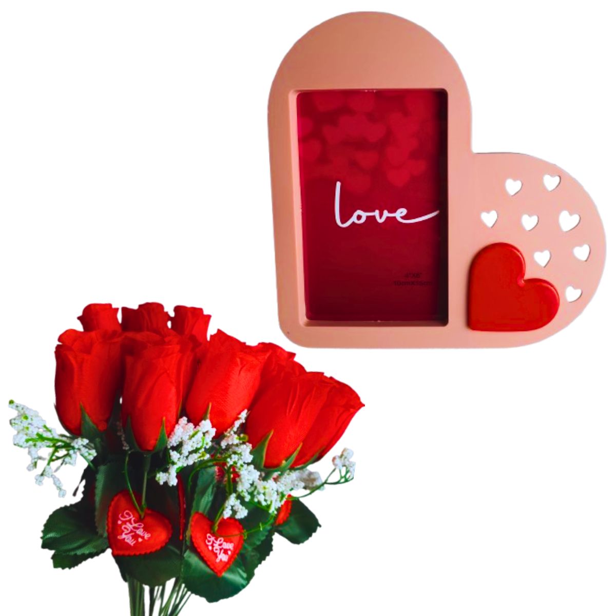 Kit Porta Retrato Coração Rosa Amor Love + Buquê com 24 Botões de Rosas Artificial C/ Tag