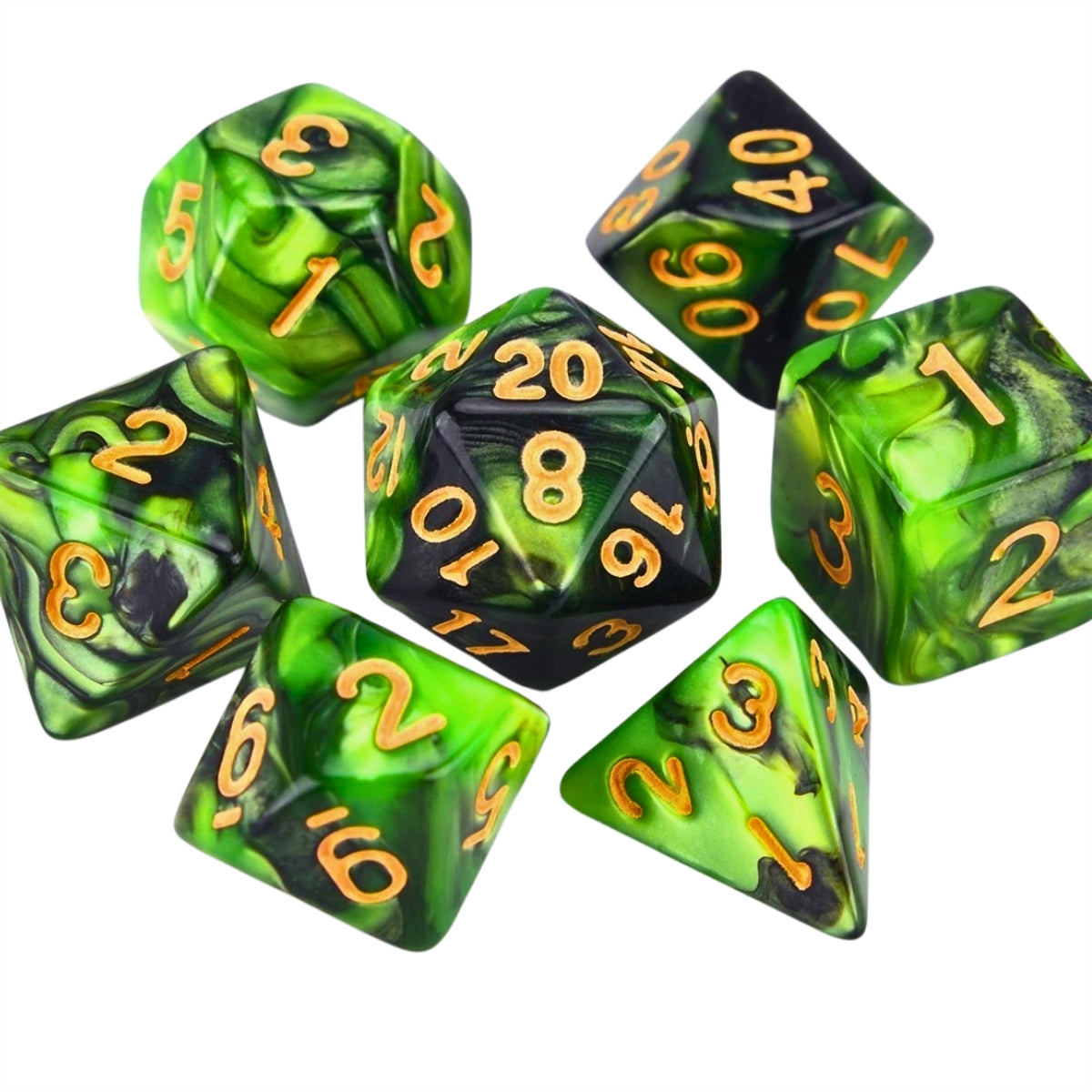 Conjunto de Dados para Rpg Verde com Preto com N° Dourado