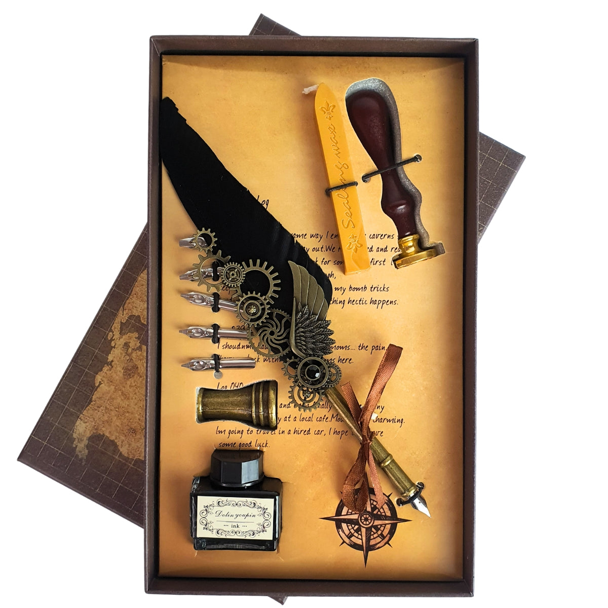 Kit Caneta Tinteiro de Pena Preta com Engrenagens e Carimbo