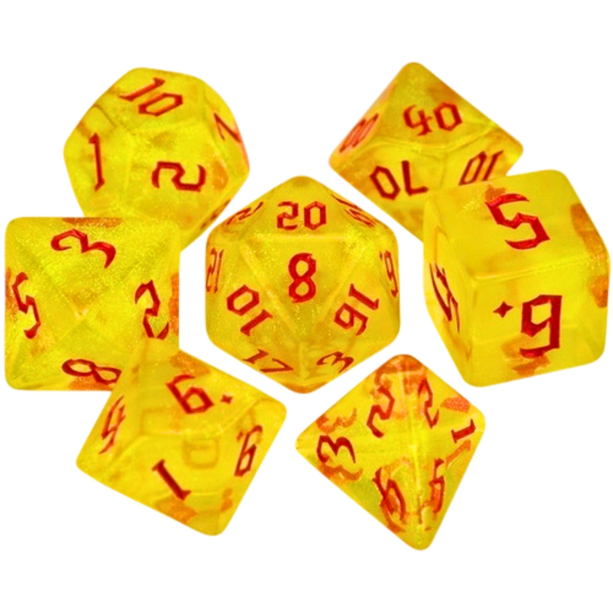 Conjunto de Dados para Rpg Perolado Glitter Amarelo com N° Vermelho