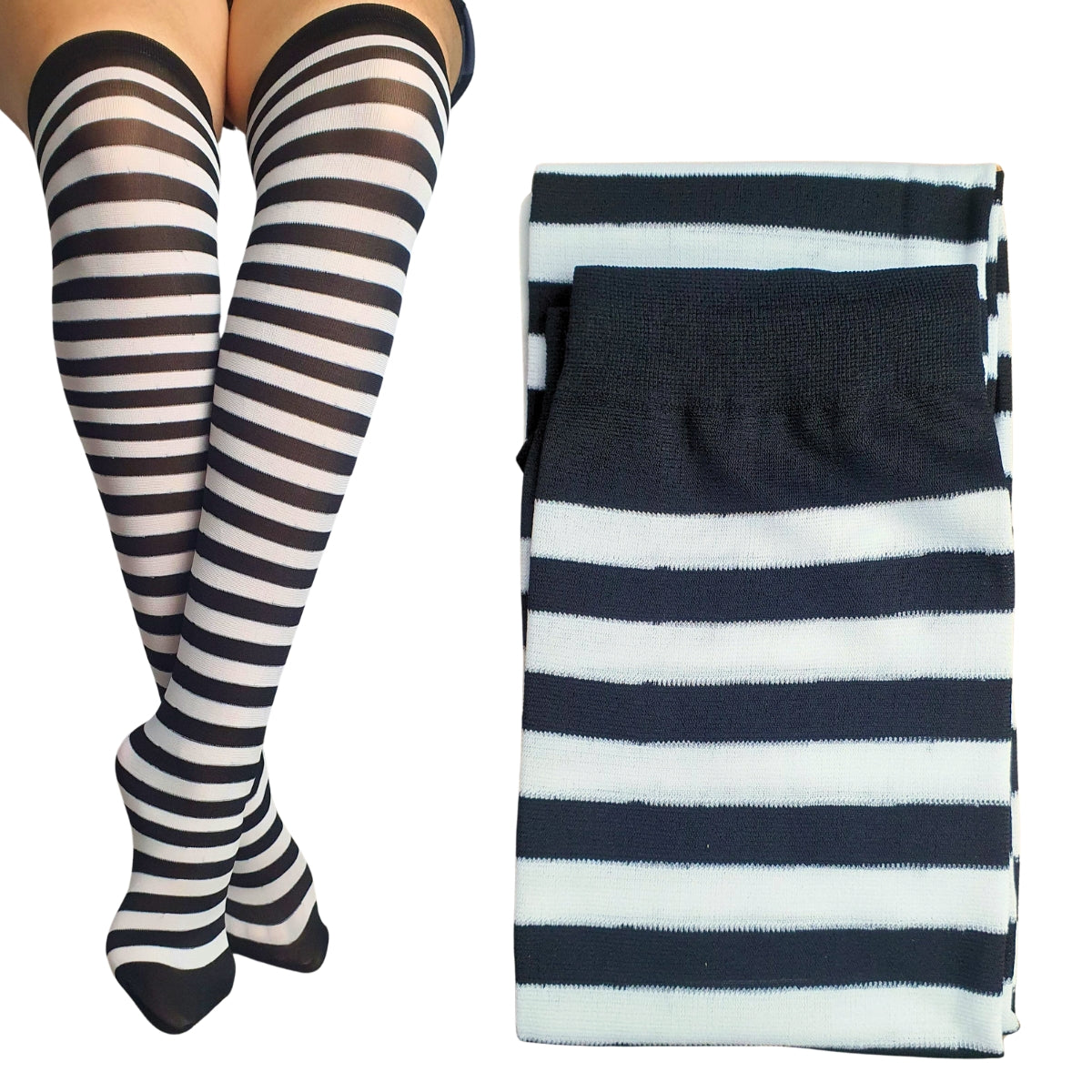Meia Calça Listrada Preto E Branco Para Fantasia Cosplay e Festa 5/8