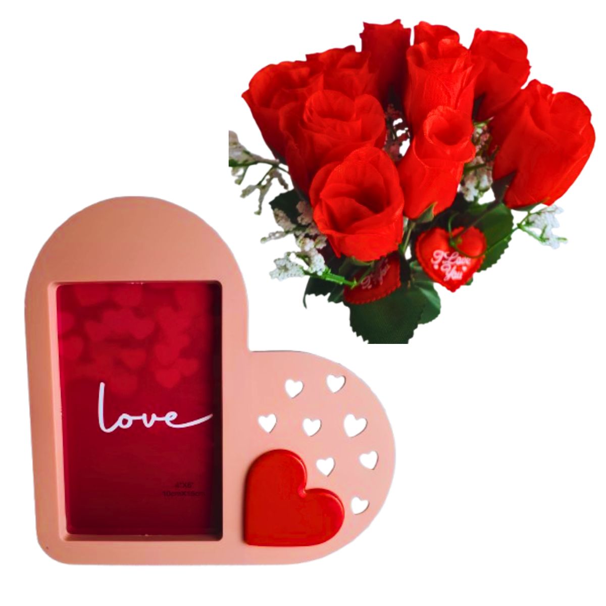 Kit Porta Retrato Coração Rosa Amor Love + Buquê com 12 Botões de Rosas Artificial C/ Tag