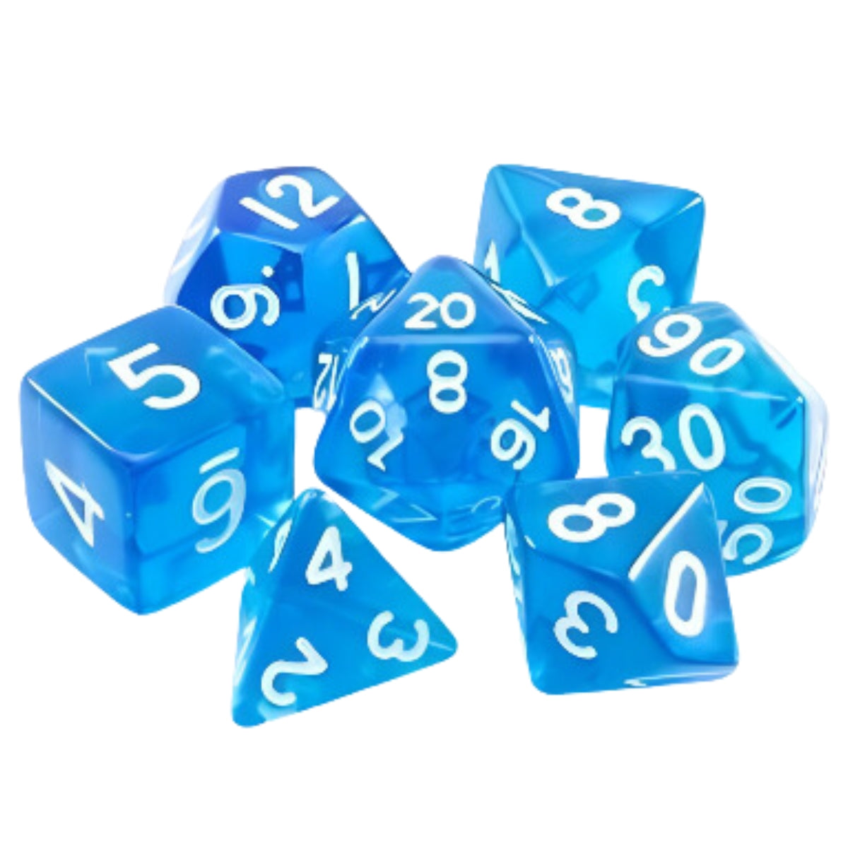 Conjunto de Dados para Rpg Azul Translucido com N° Branco