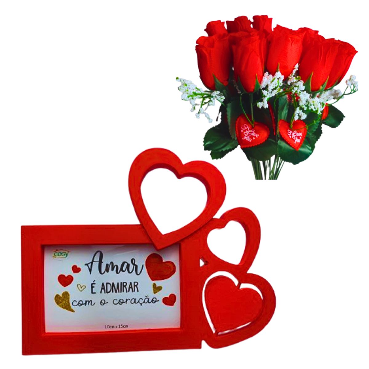 Kit Porta Retrato Coração Vermelho Amor Love + Buquê com 24 Botões de Rosas Artificial C/ Tag