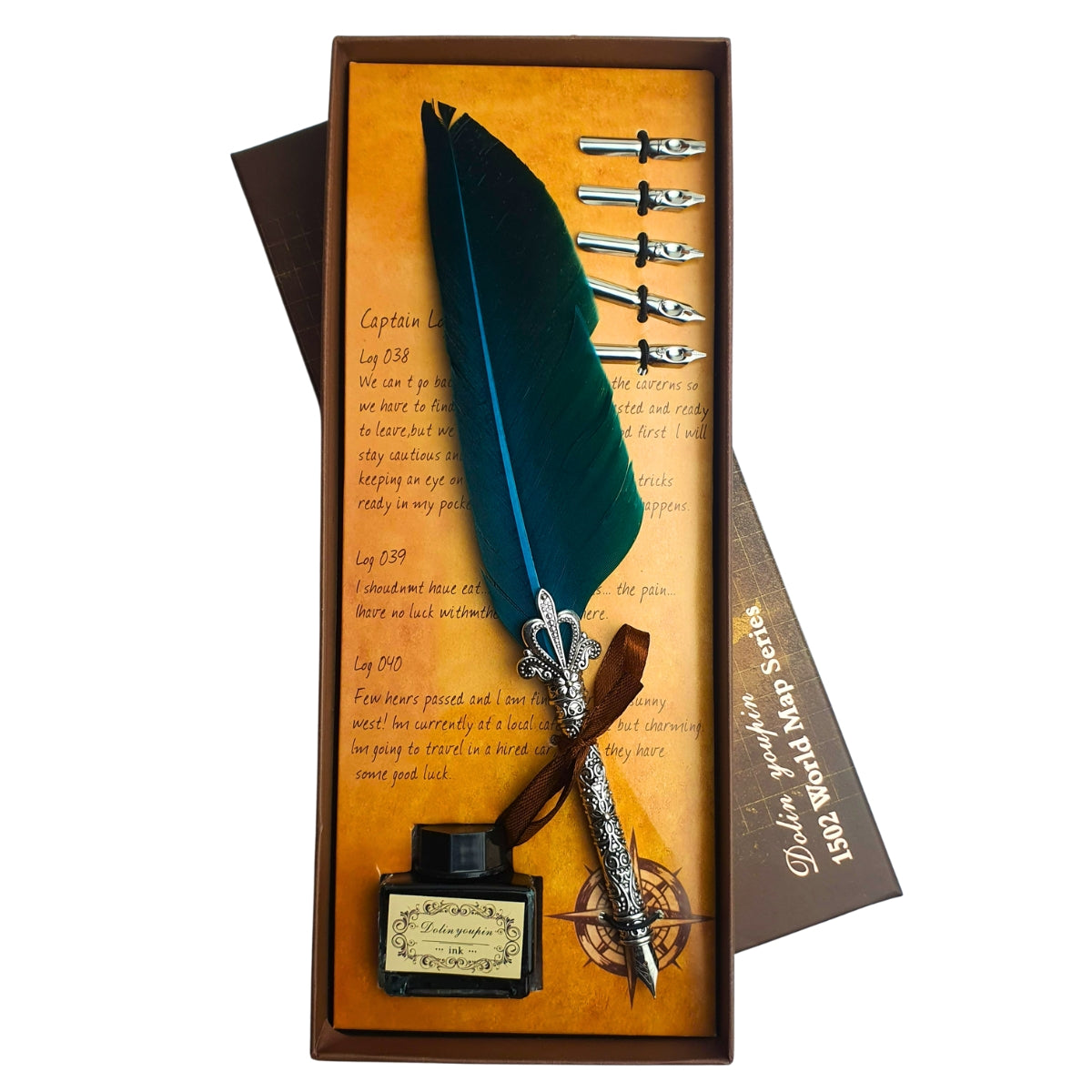 Kit Caneta Tinteiro de Pena Verde Água