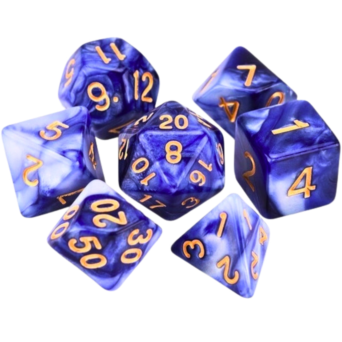 Conjunto de Dados para Rpg Azul com Branco com N° Dourado