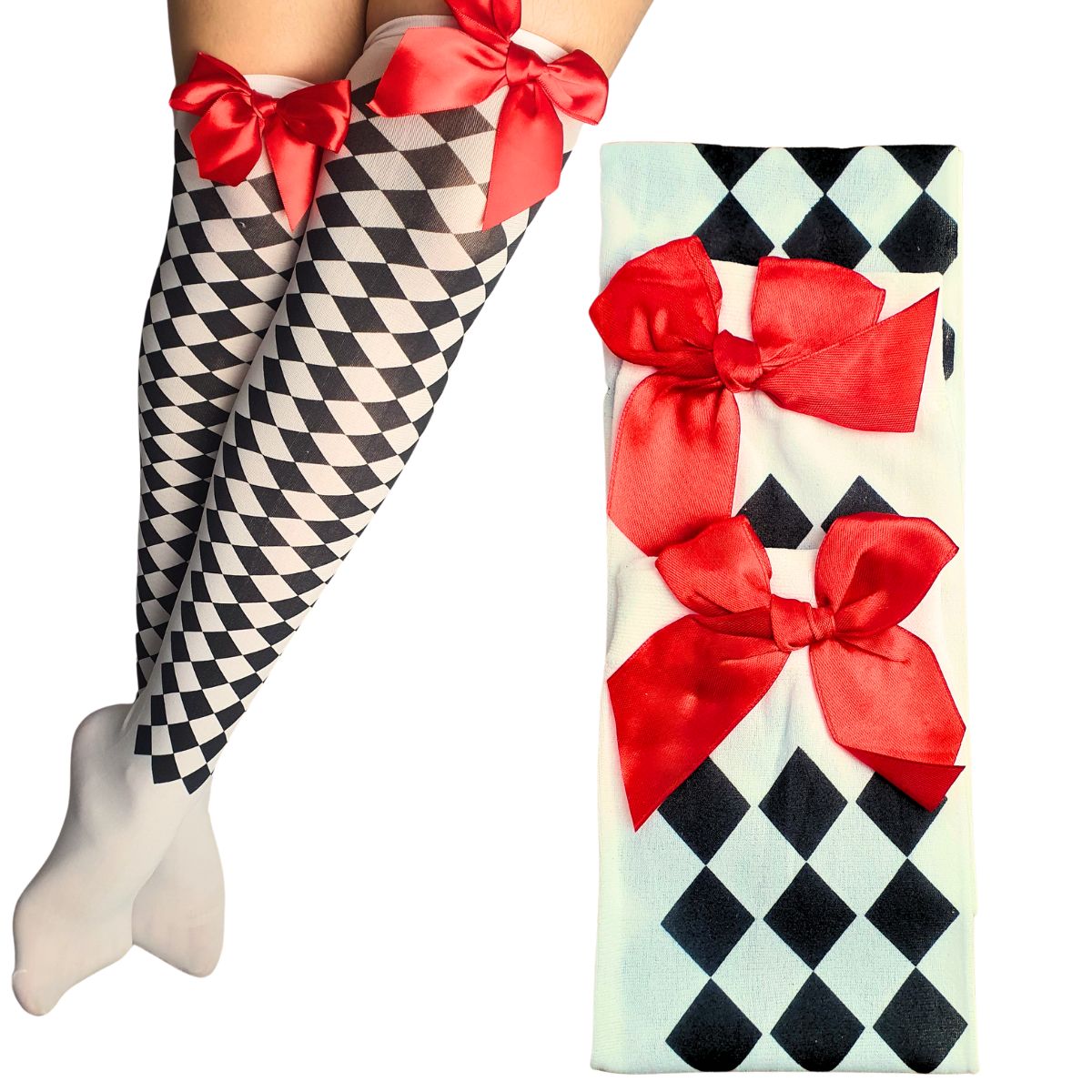 Meia Calça Quadriculada Com Laço Para Fantasia Cosplay e Festa 5/8