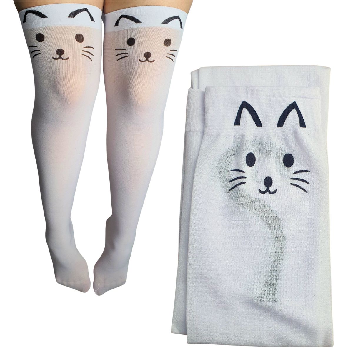 Meia Calça Gatinho Branco Para Fantasia Cosplay e Festa 5/8