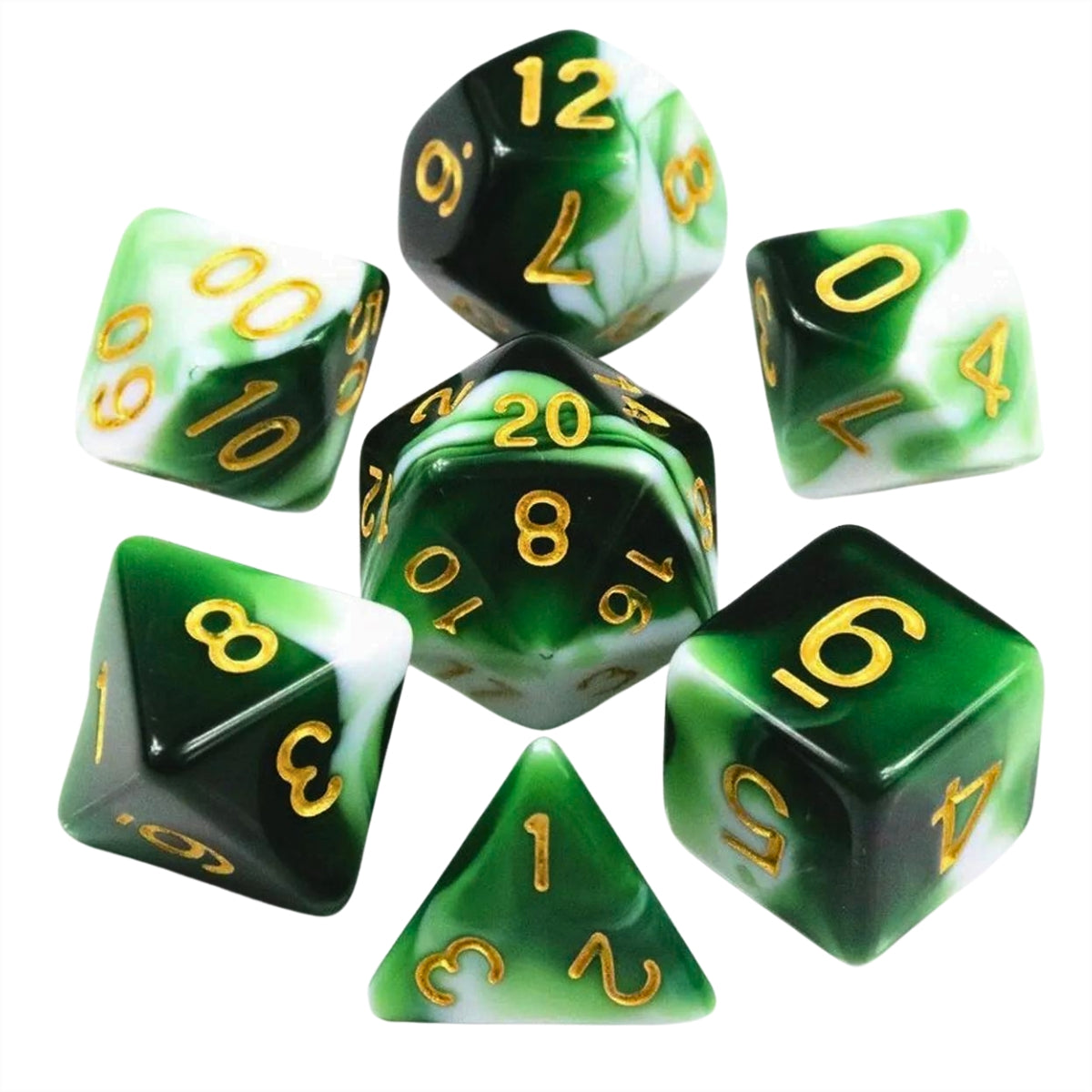 Conjunto de Dados para Rpg Branco com Verde com N° Dourado