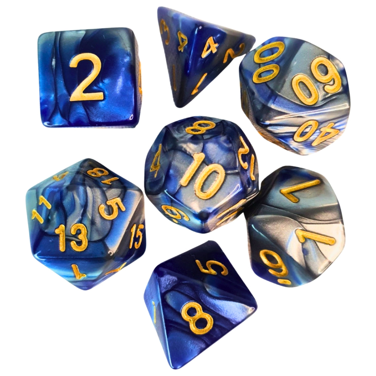 Conjunto de Dados para Rpg Azul Escuro com Cinza com N° Dourado