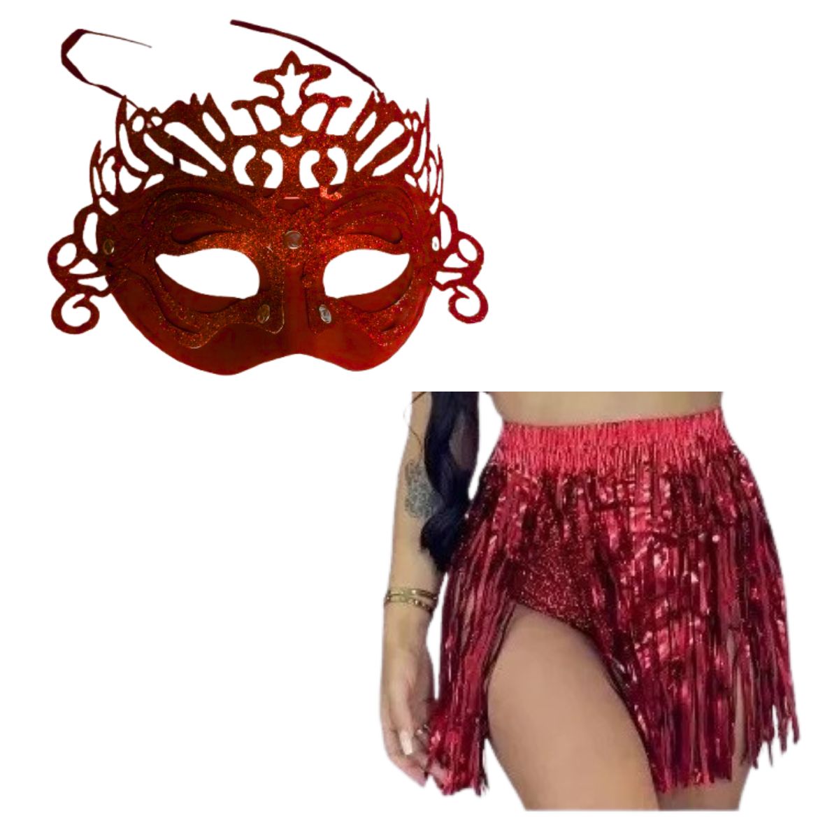 Kit Fantasia Máscara Com Glitter E Saia Metalizada Vermelho
