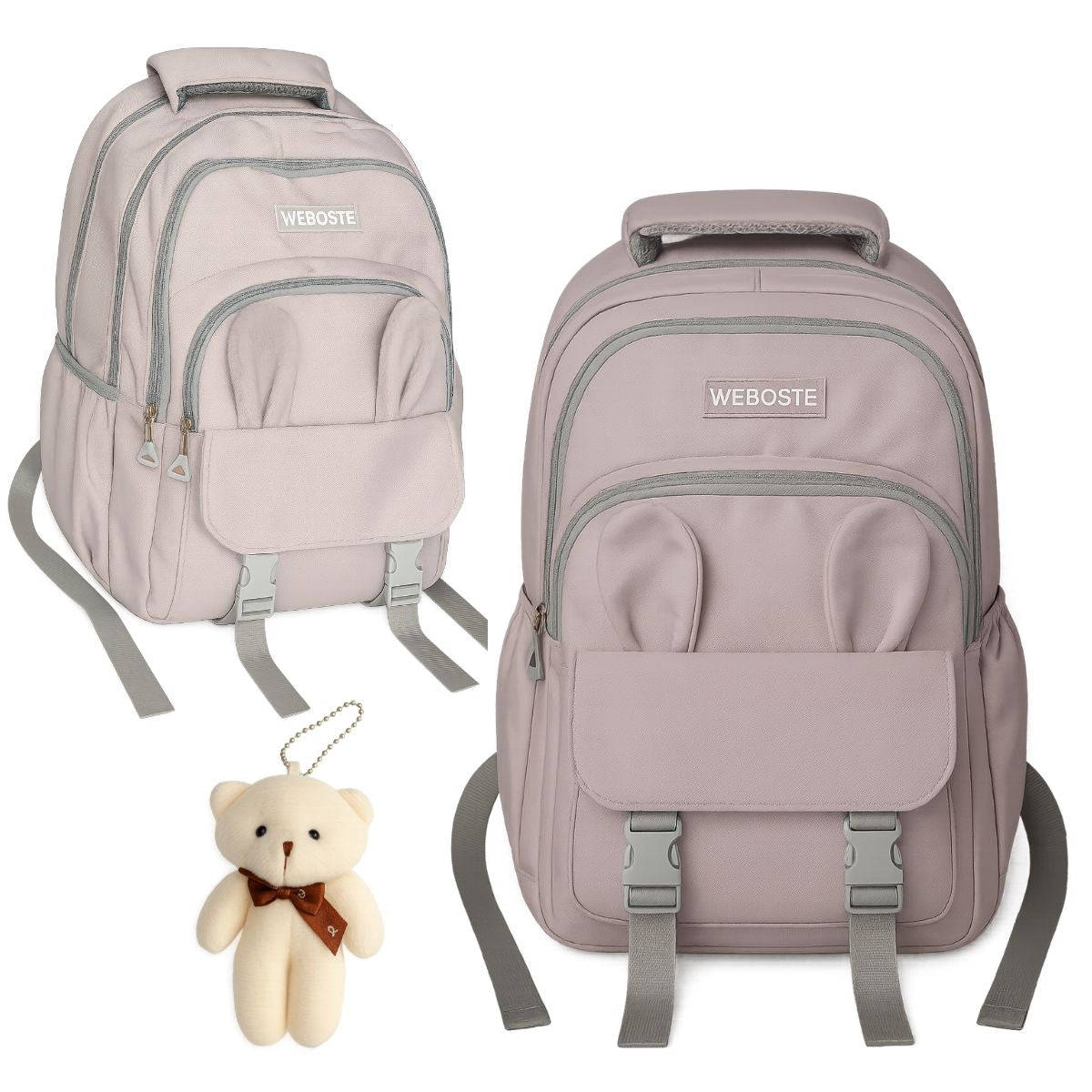 Mochila Bolsa Costas Feminina Com Chaveiro Ursinho Cinza
