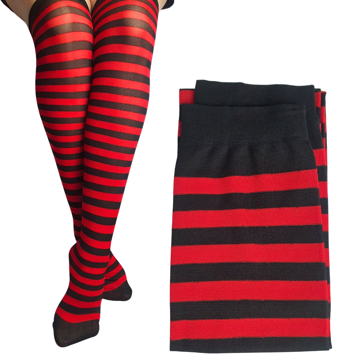 Meia Calça Listrada Preta E Vermelha Para Fantasia Cosplay e Festa 5/8