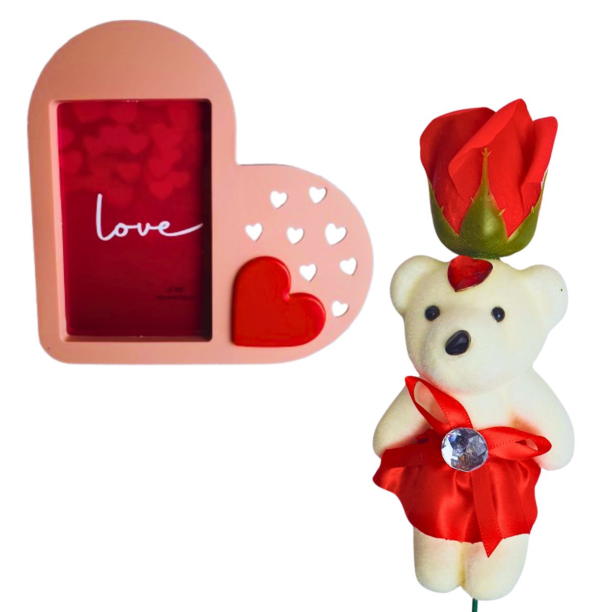 Kit Porta Retrato Coração Rosa Amor Love + Botão Rosa Artificial C/Ursinho