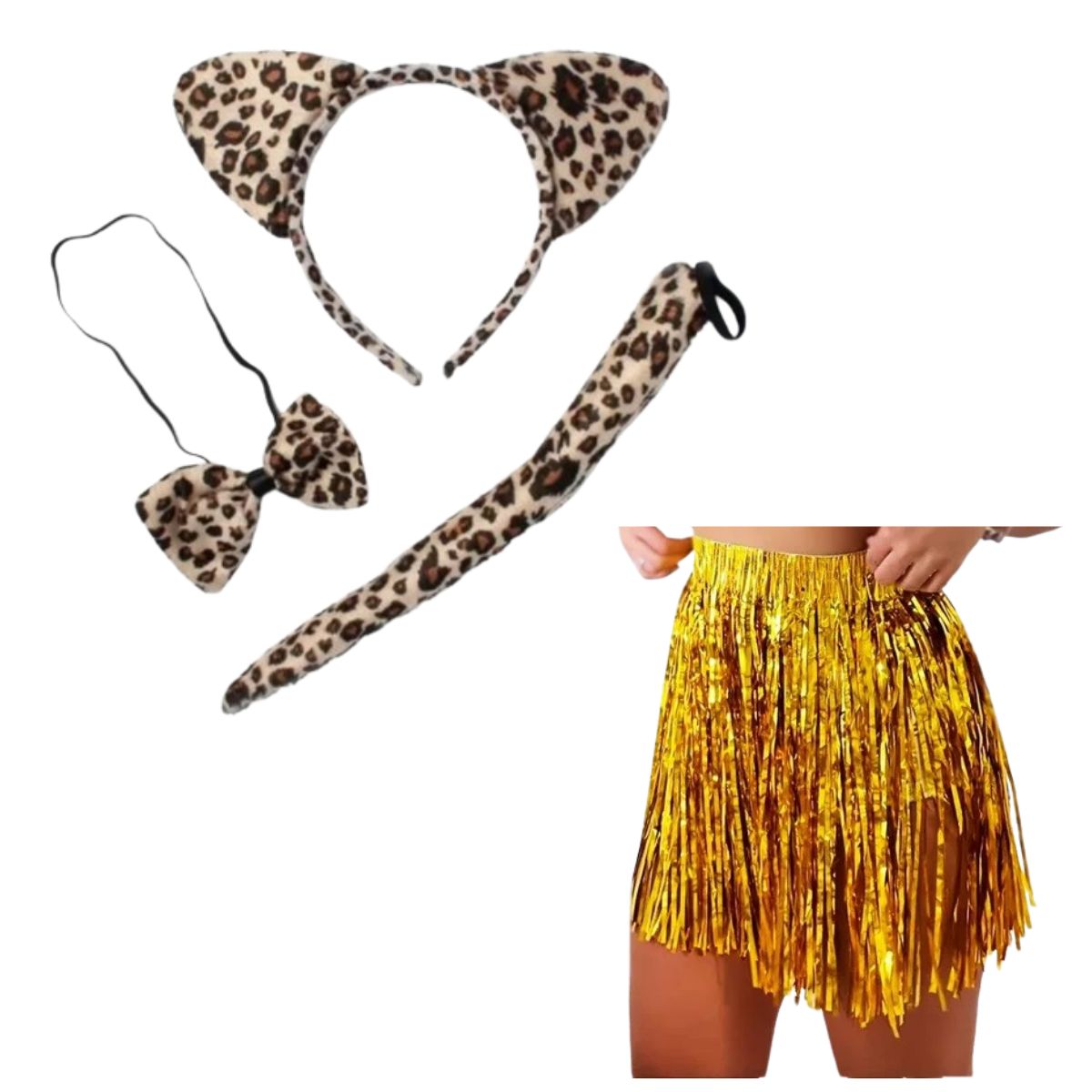 Kit Fantasia Oncinha Três Peças E Saia Metalizada Dourado