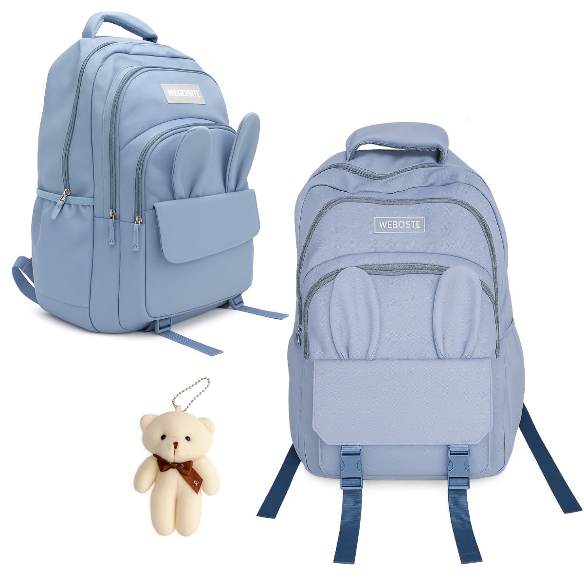 Mochila Bolsa Costas Feminina Com Chaveiro Ursinho Azul