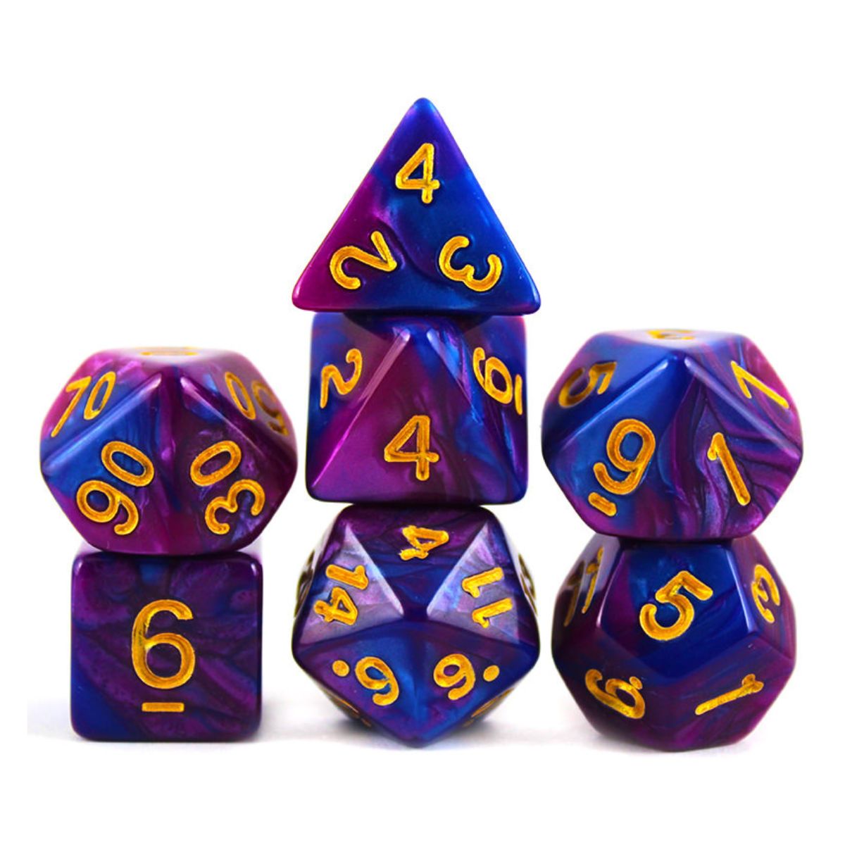 Conjunto de Dados para Rpg Roxo com Azul com N° Dourado