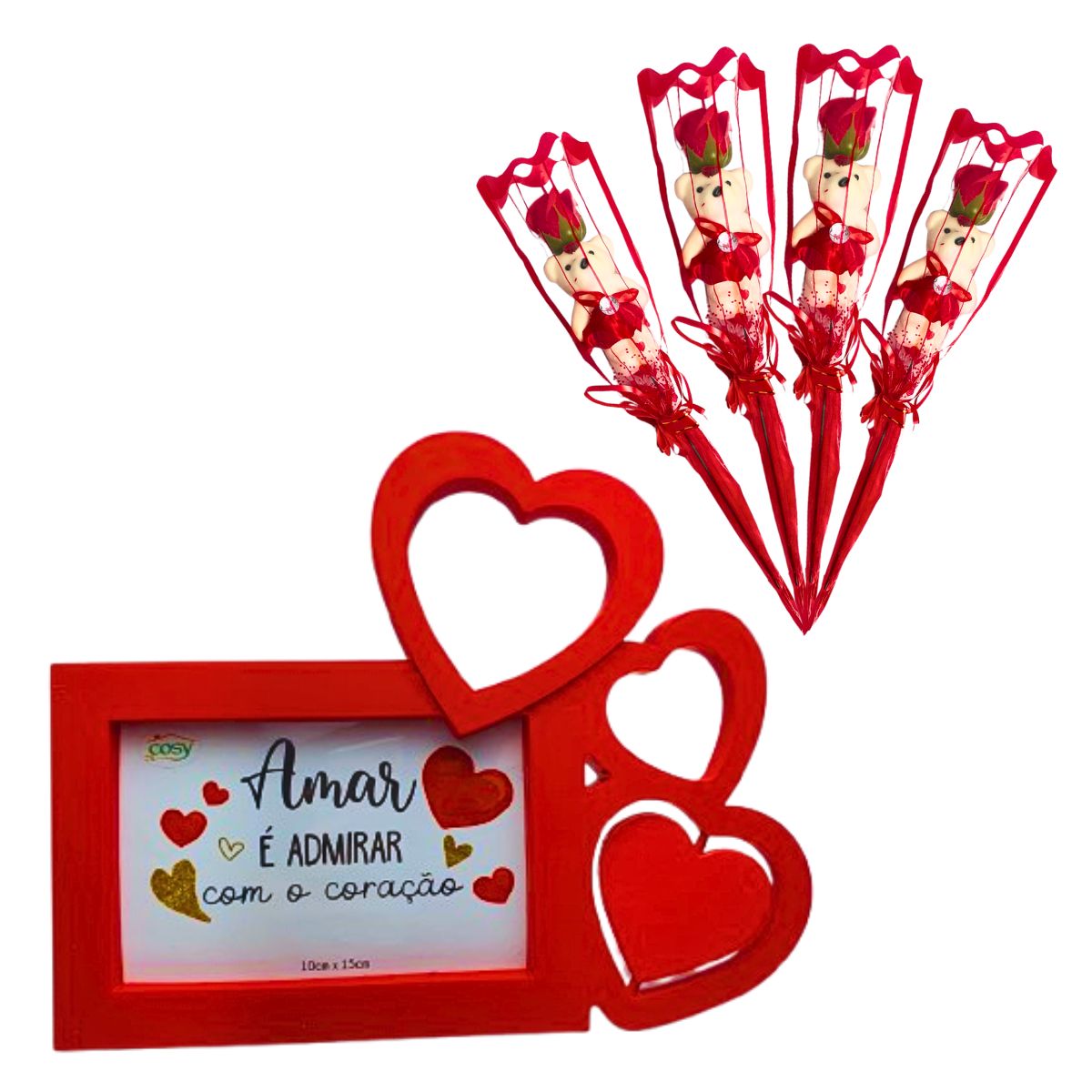 Kit Porta Retrato Coração Vermelho Amor Love + 4 Botões de Rosas Artificial C/Ursinho