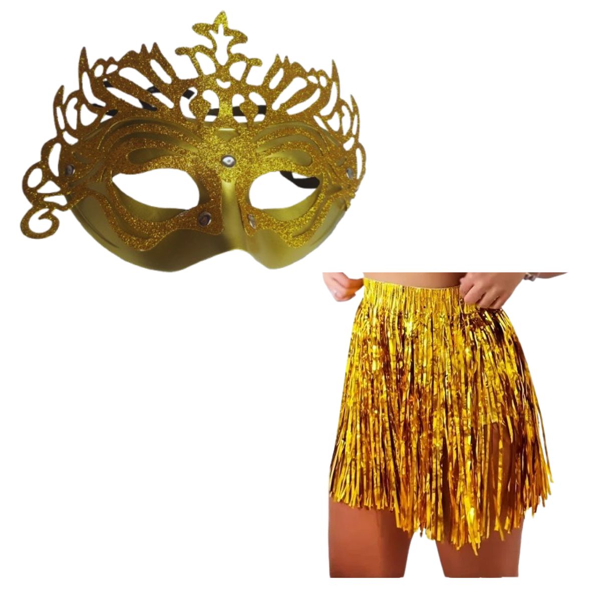 Kit Fantasia Máscara Com Glitter E Saia Metalizada Dourado