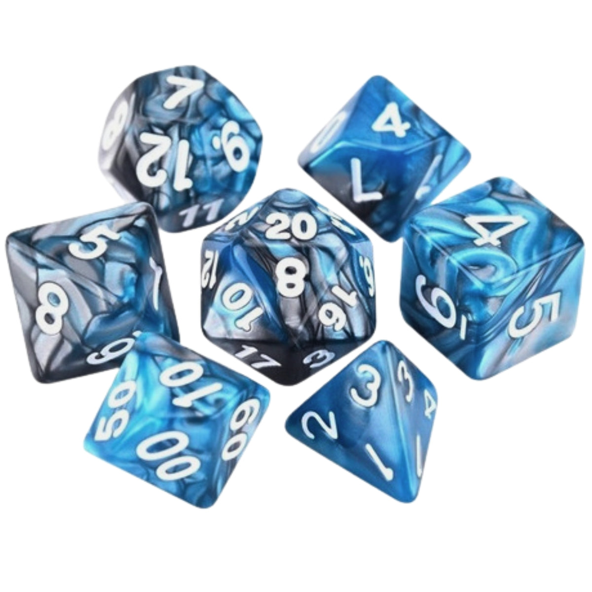 Conjunto de Dados para Rpg Turquesa com Cinza com N° Branco