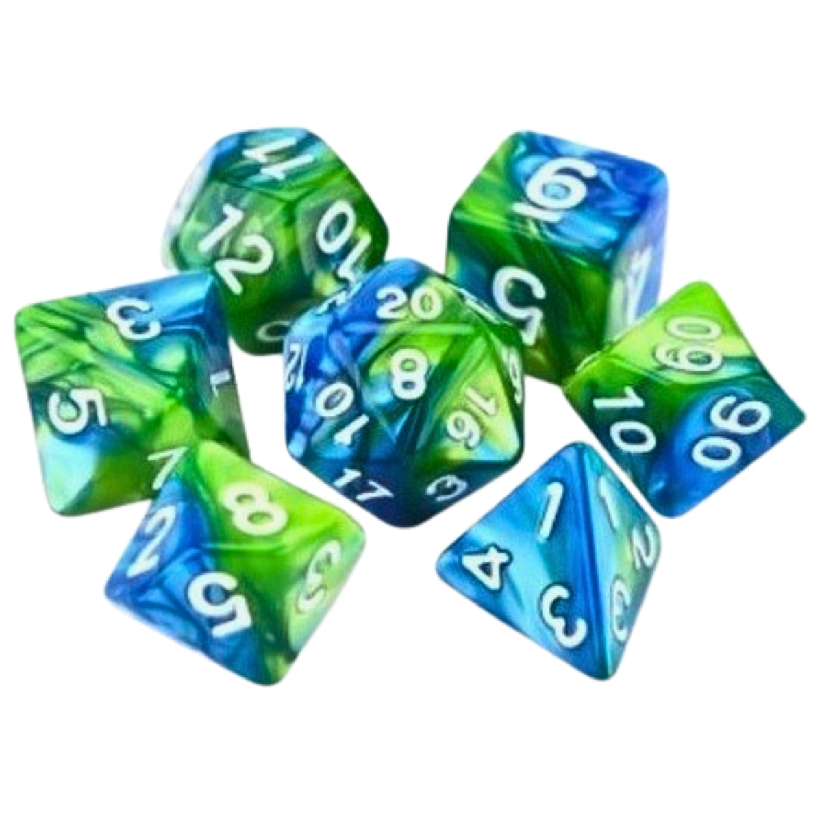 Conjunto de Dados para Rpg Turquesa com Verde com N° Branco