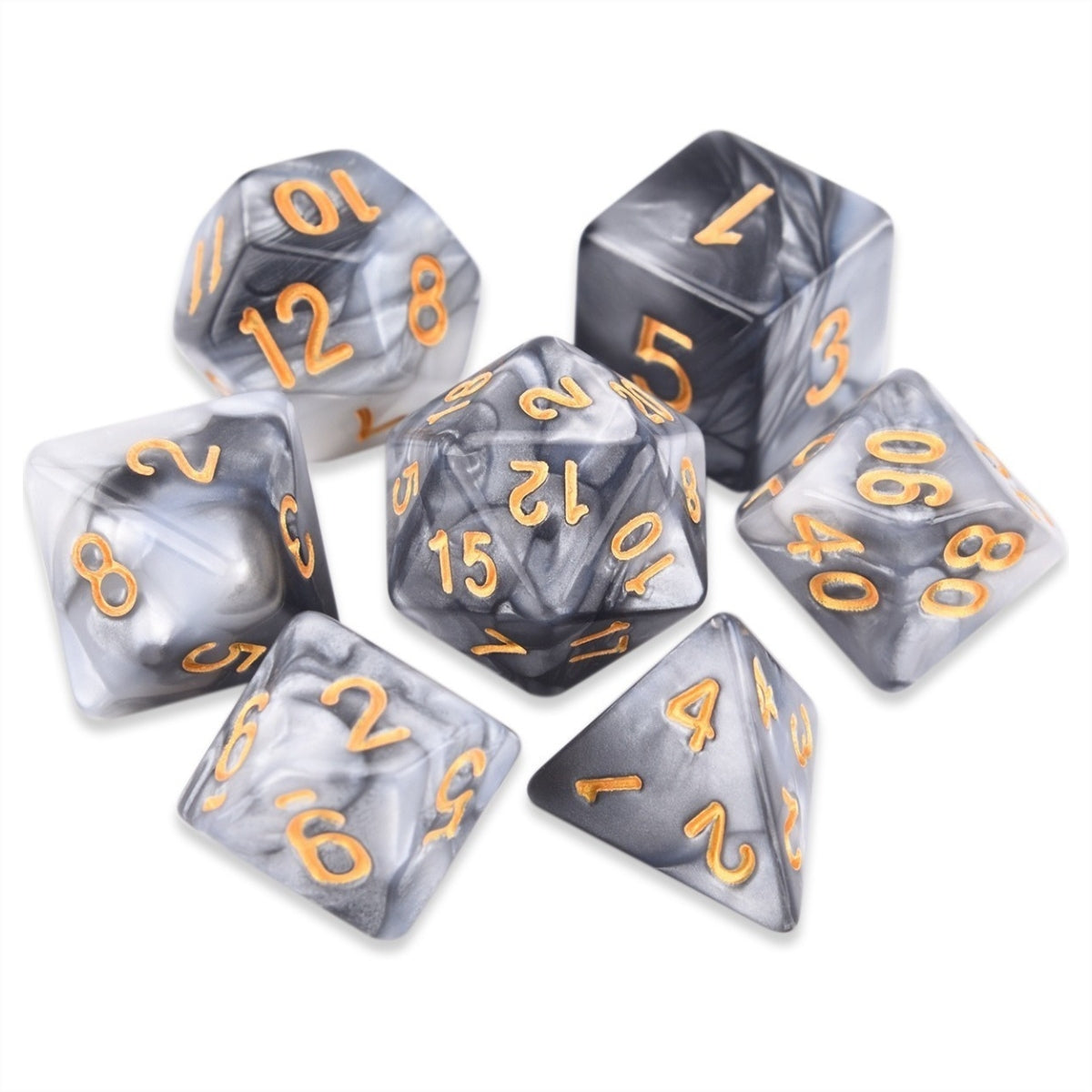 Conjunto de Dados para Rpg Cinza com Branco com N° Dourado