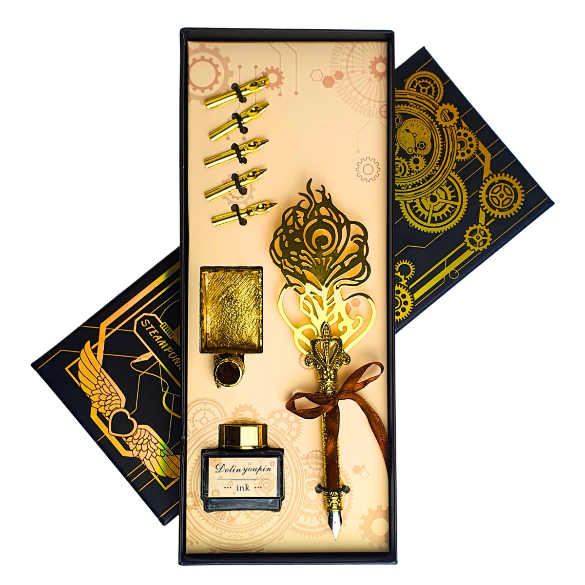 Kit Caneta Tinteiro com Pena de Metal Dourada - Modelo 3