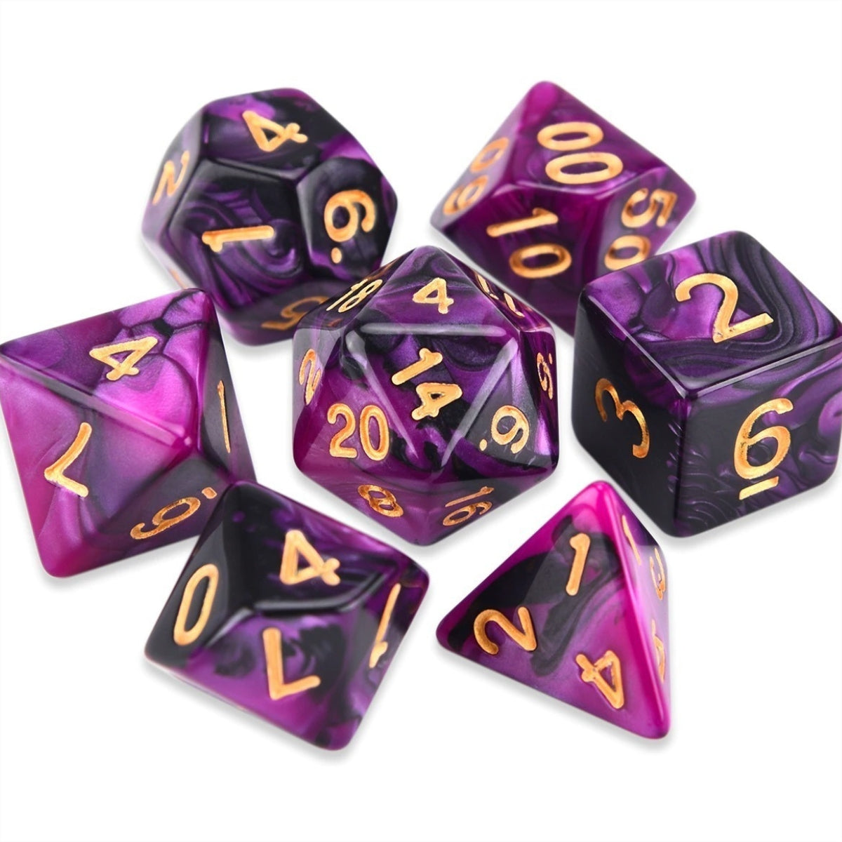 Conjunto de Dados para Rpg Roxo com Preto com N° Dourado