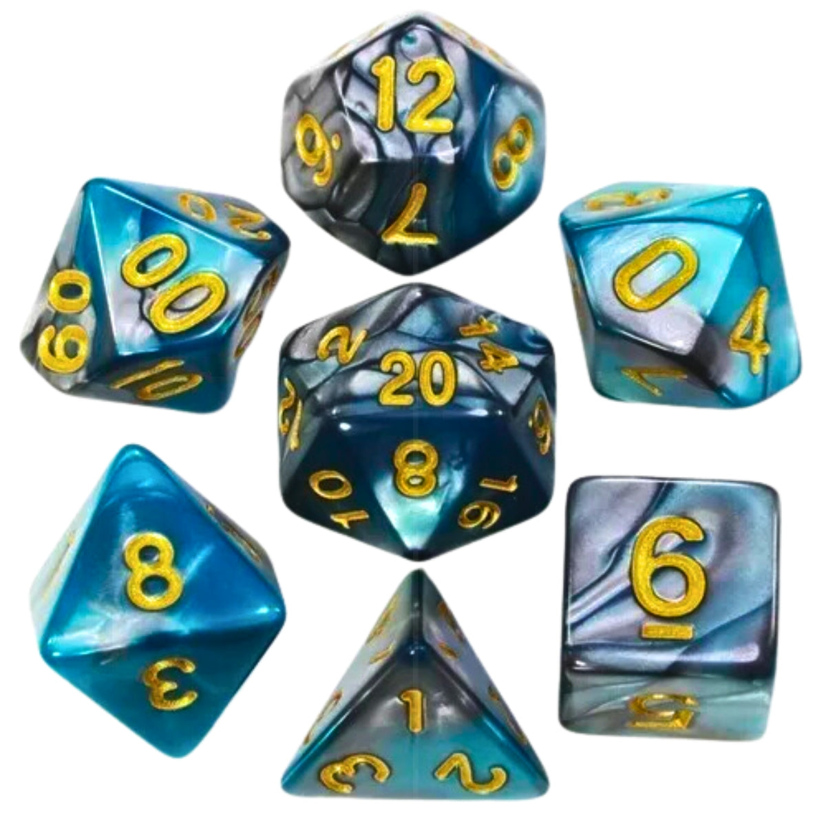 Conjunto de Dados para Rpg Turquesa com Cinza com N° Dourado