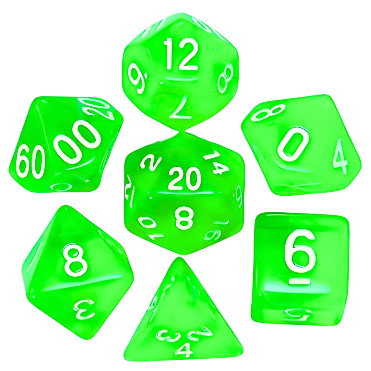 Conjunto de Dados para Rpg Verde Translucido com N° Branco