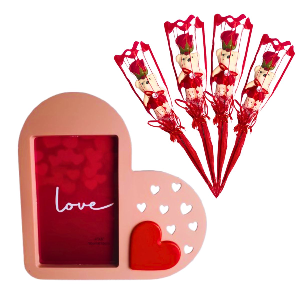 Kit Porta Retrato Coração Rosa Amor Love + 4 Botões de Rosas Artificial C/Ursinho