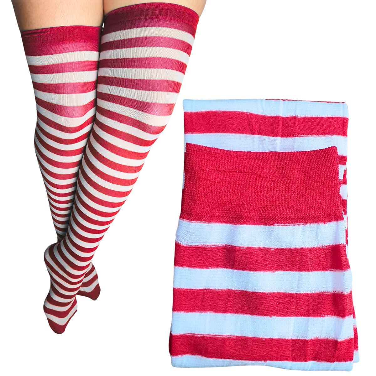 Meia Calça 5/8 Fantasia Cosplay Listrada Vermelho E Branco