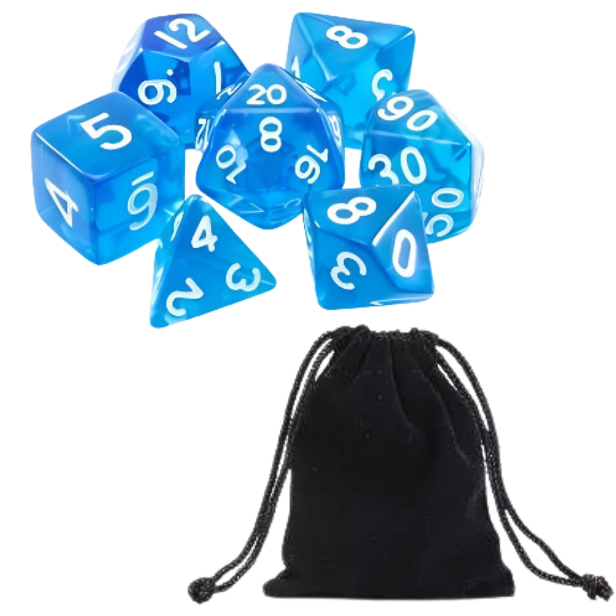 Conjunto de Dados para Rpg Azul Translucido com N° Branco