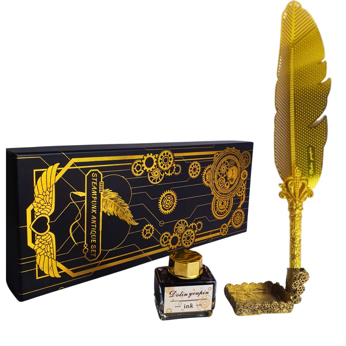 Kit Caneta Tinteiro Pena Dourado Com Tinta E Suporte - M4